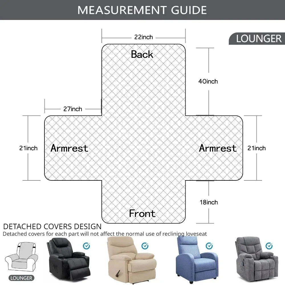 Quilted Recliner Sofa Cover Waterproof Armchairs Slipcovers Dogs Pets Kids Anti-Slip with Side Pockets Elastic Strap Protector